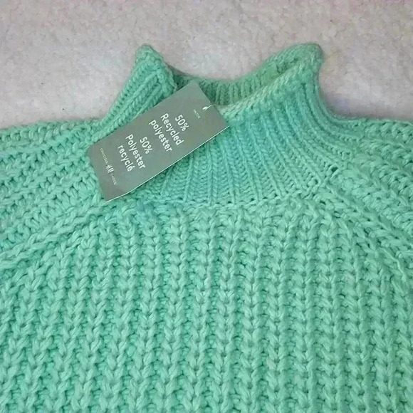 H&M Sweater Chunky Knit Womens Medium Green Mock Neck Crop - Picture 1 of 14